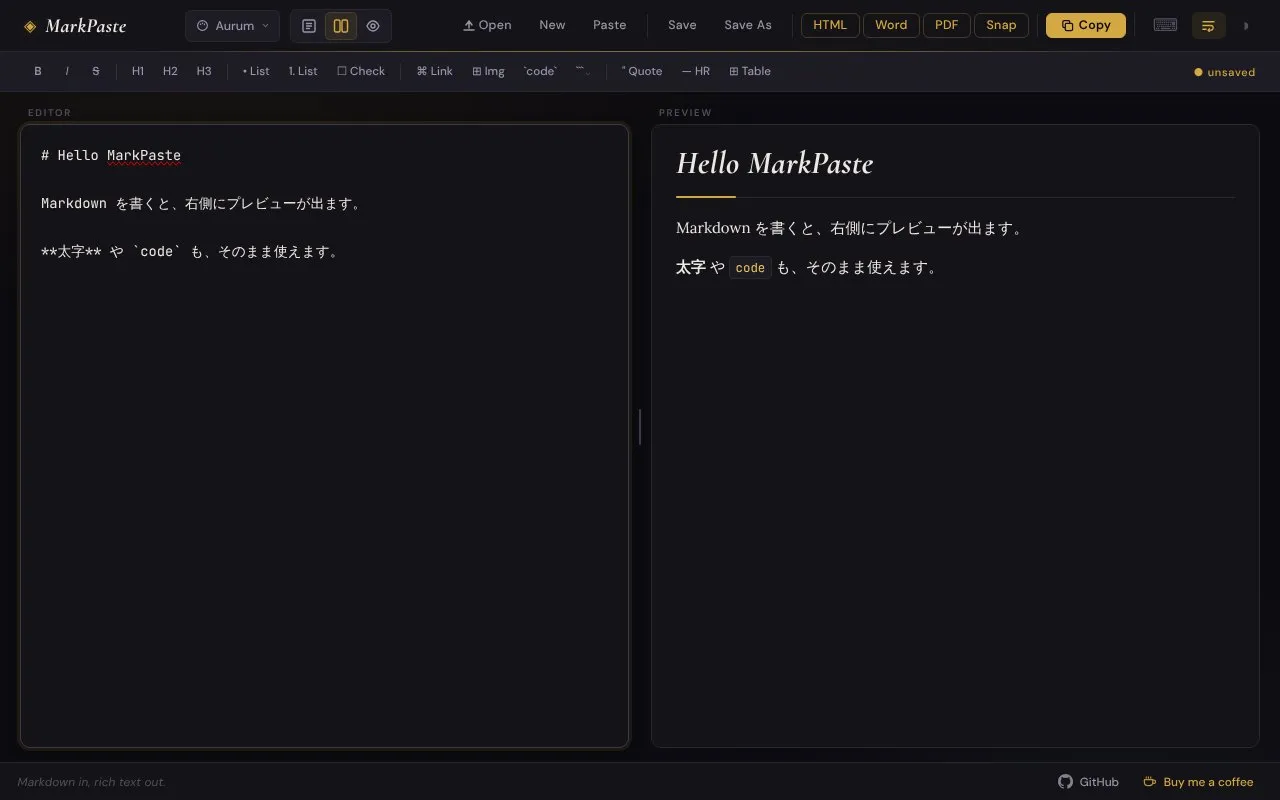 MarkPasteのエディタ画面。左にMarkdown、右にプレビューが表示される